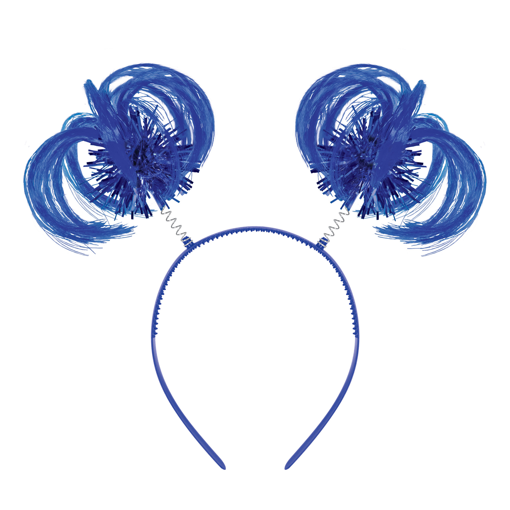 Blue Ponytail Boppers (Pack of 12) blue ponytail boppers, synthetic hair boppers, metallic fringe boppers, snap-on headband boppers, party headbands, spirit day accessories, cheer accessories, blue costume accessories, bulk party favors, Party Express boppers