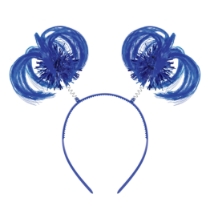 Blue Ponytail Boppers (Pack of 12) blue ponytail boppers, synthetic hair boppers, metallic fringe boppers, snap-on headband boppers, party headbands, spirit day accessories, cheer accessories, blue costume accessories, bulk party favors, Party Express boppers