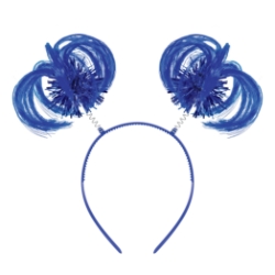 Blue Ponytail Boppers (Pack of 12) blue ponytail boppers, synthetic hair boppers, metallic fringe boppers, snap-on headband boppers, party headbands, spirit day accessories, cheer accessories, blue costume accessories, bulk party favors, Party Express boppers