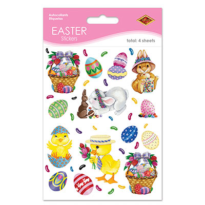 Plastic clings with printed designs of Easter eggs, chicks, bunnies and Easter baskets.