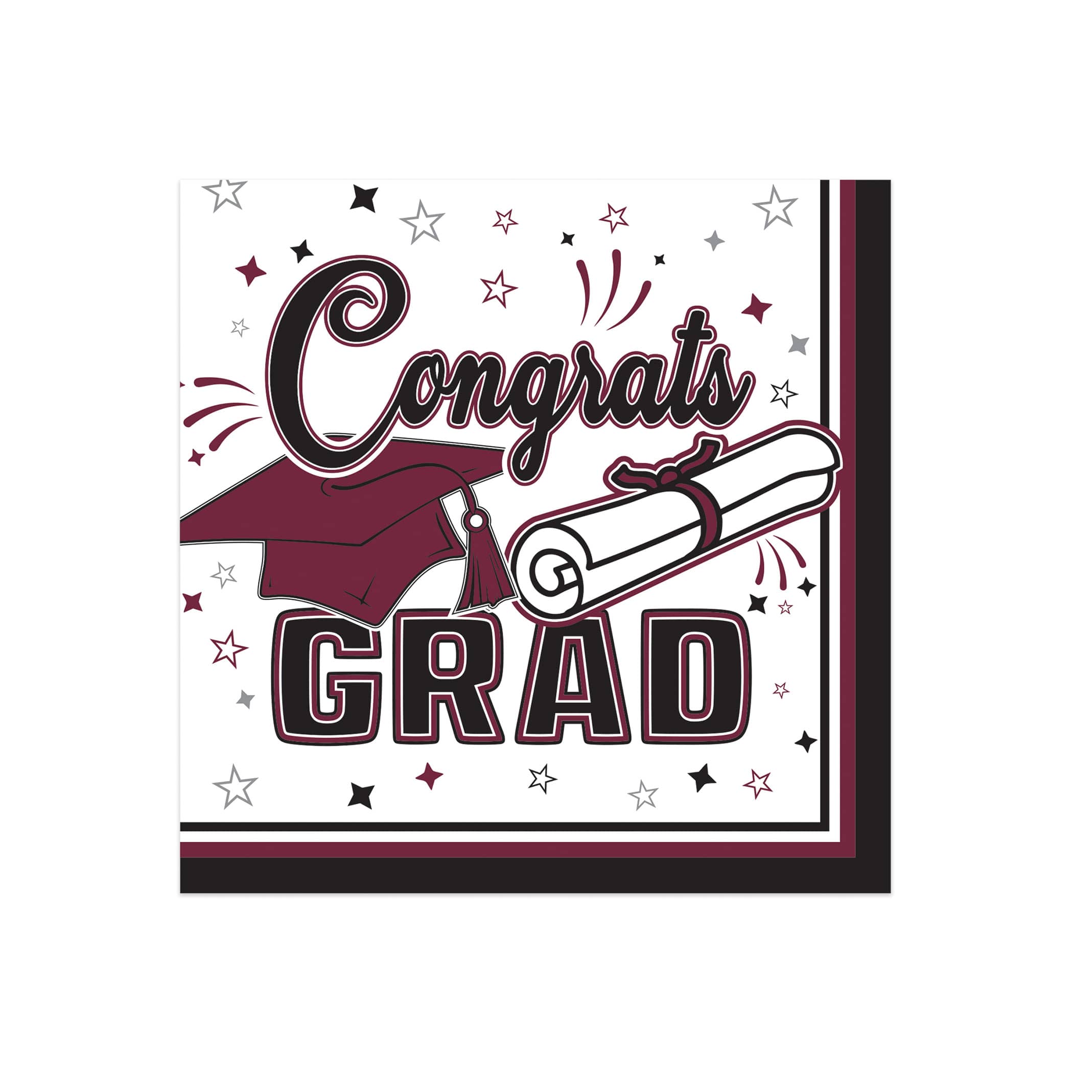 Burgundy Congrats Grad Beverage Napkins (Pack of 432) burgundy graduation napkins, congrats grad napkins, 2 ply beverage napkins, burgundy party napkins, graduation tableware, quarter fold napkins, Party Express graduation supplies