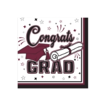 Burgundy Congrats Grad Beverage Napkins (Pack of 432) burgundy graduation napkins, congrats grad napkins, 2 ply beverage napkins, burgundy party napkins, graduation tableware, quarter fold napkins, Party Express graduation supplies