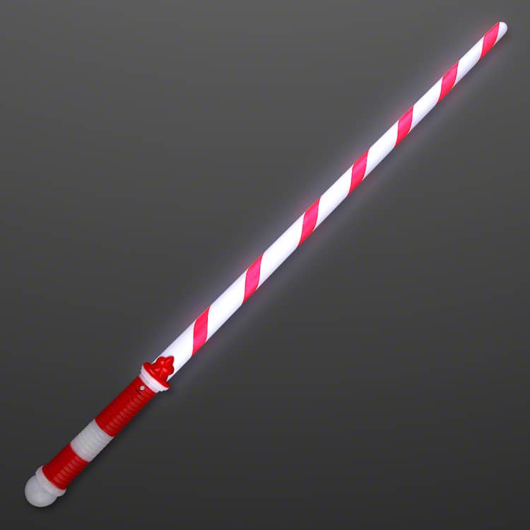 Candy Cane Light Sword Christmas Saber (Pack of 12) candy cane light sword, Christmas light sword, holiday LED sword, candy cane saber, Christmas party favors, light up Christmas toys, LED holiday accessories, Christmas parade giveaways, light up candy cane, Party Express Christmas toys