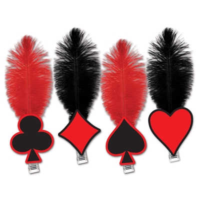 card suit tiaras in black clubs, spades, and red diamonds and hearts with a feather attached