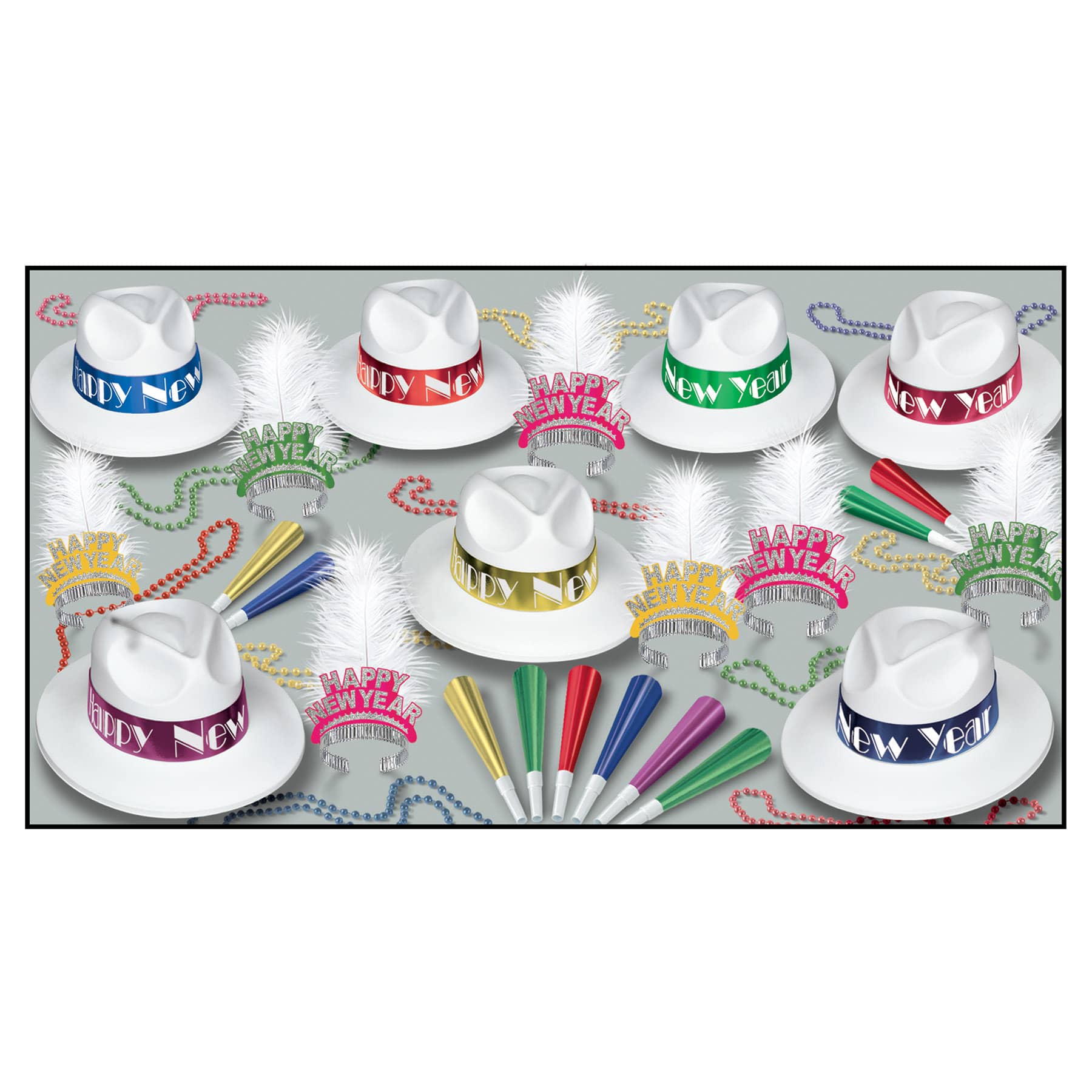 Party kit for new years eve that has white fedora party hats with tiaras, horns, and beads all in bright colors
