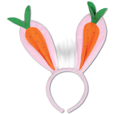 Plush pink bunny ears with carrot accent design inside the ears.