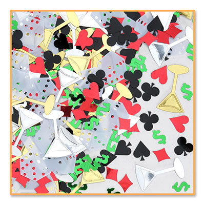 Casino Night Metallic Confetti with money symbols, dice and champagne glasses 