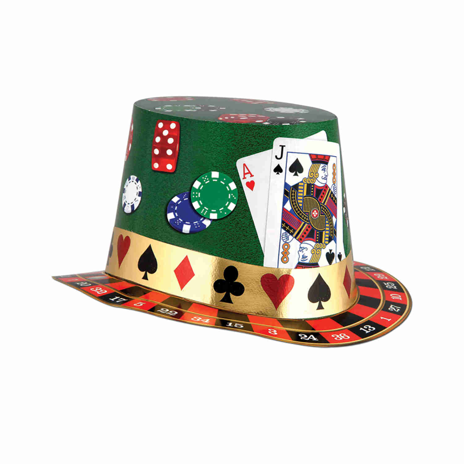 party hat with playing cards, poker chips, and dice printed on it in the theme of a casino party