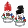 tiaras with playing cards and poker chips on them with a real ostrich plume attached in the design of a casino night party theme