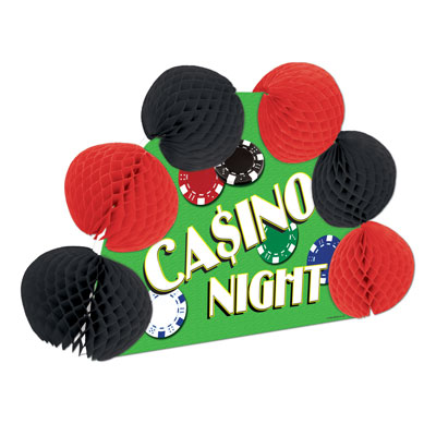 Centerpiece that reads "Casino Night" with printed poker chips and tissue balls as accent.