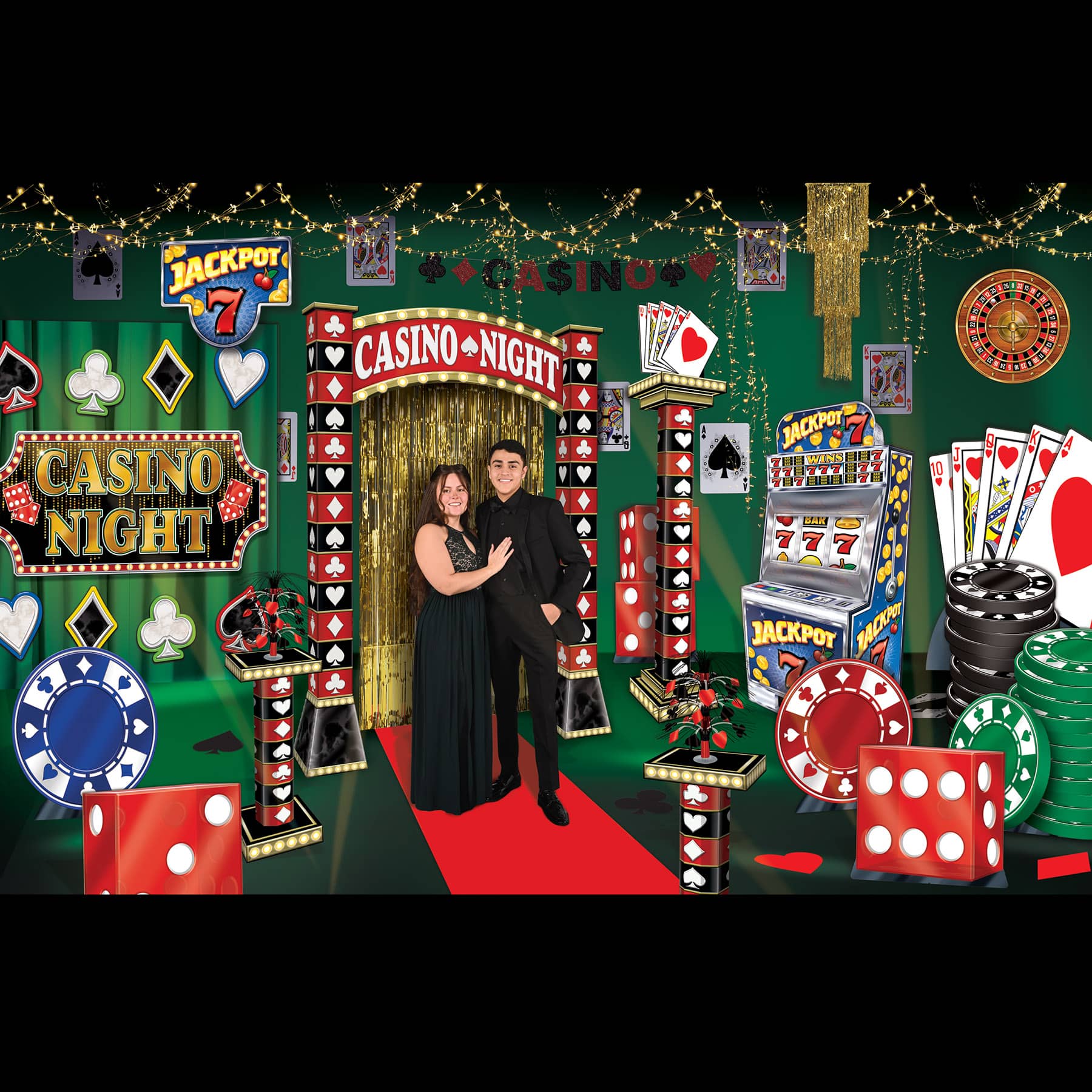 Casino Prom Kit (40 Total Pieces Per Kit) casino prom kit, casino decorations, 3D casino props, Vegas night décor, casino stand-ups, casino archway, poker chip stand-ups, dice props, casino photo prop, red carpet runner, casino party supplies, Party Express casino kit