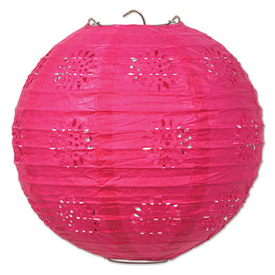 Lace patterned paper lantern that is cerise in color.
