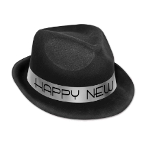 black velour happy new year 1920's party hat with a silver happy new year foil band