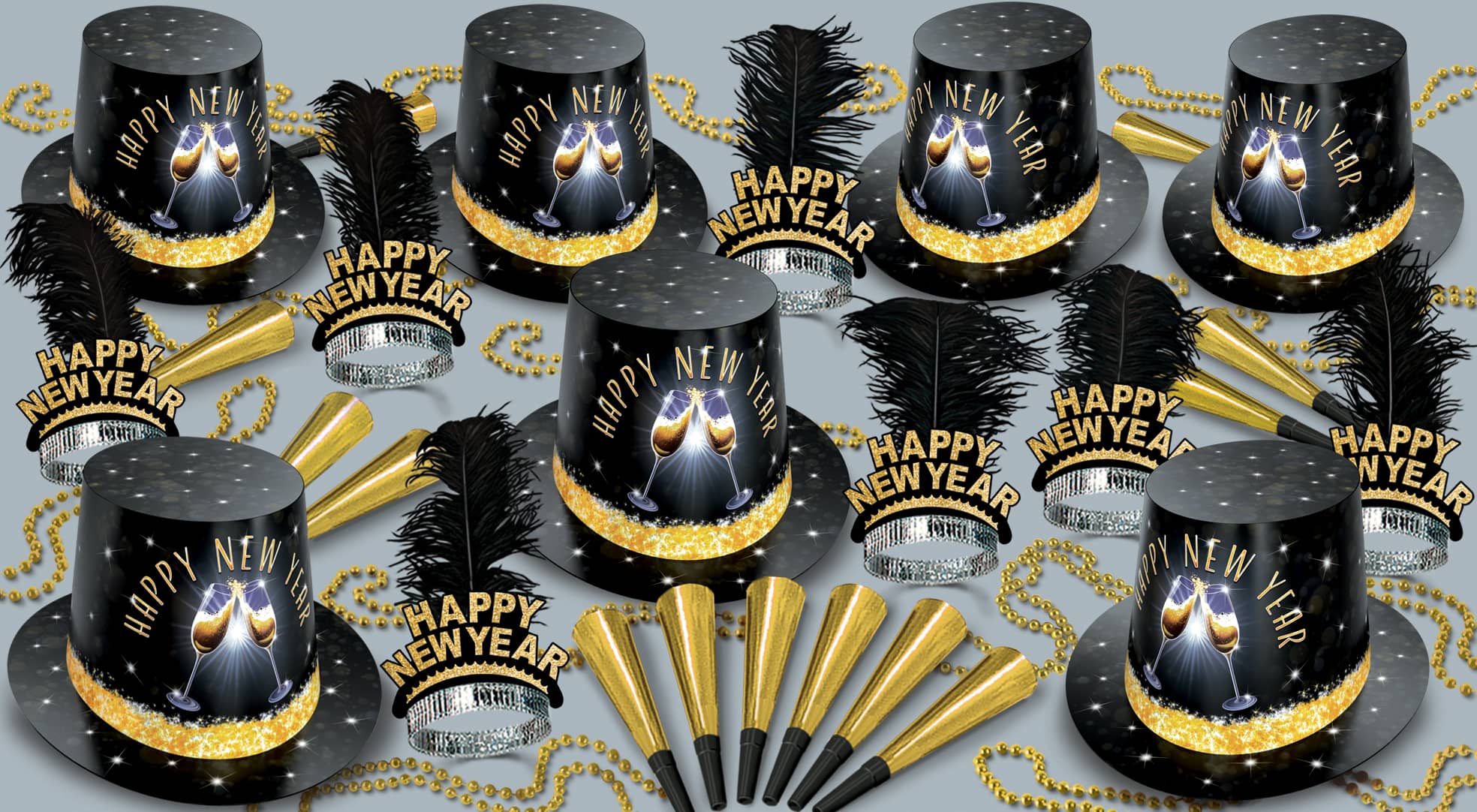 Champagne Toast Assortment for 50 Champagne Toast Assortment for 50, 2022, elegant design, champagne, champagne glasses, black, gold, new years eve, party kit, hat, tiara, horn, beads, wholesale, inexpensive, bulk, party favor