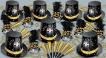 Champagne Toast Assortment for 50 Champagne Toast Assortment for 50, 2022, elegant design, champagne, champagne glasses, black, gold, new year's eve, party kit, hat, tiara, horn, beads, wholesale, inexpensive, bulk, party favor