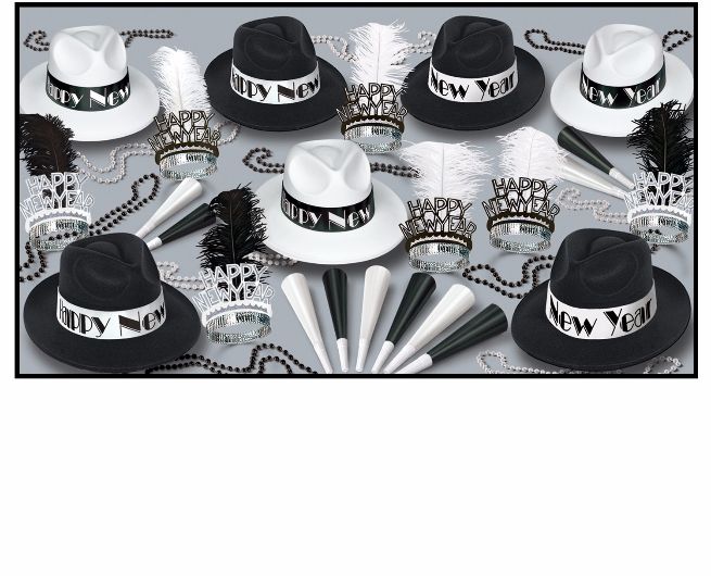black and white new years eve party kits with 1920s style fedoras