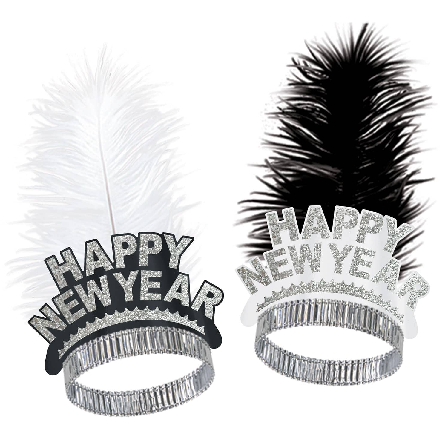 Black and white tiaras with a glittered Happy New Year and either a black or white plume feather.