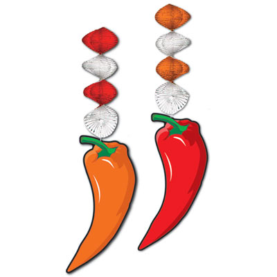 Dangler of red and silver or orange and silver with a red or orange icon chili attached.