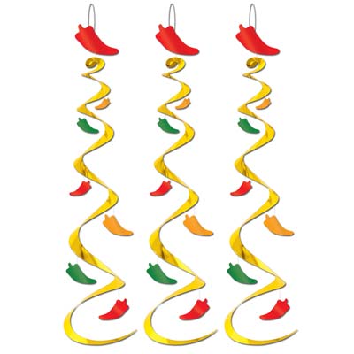 Gold metallic whirls with green, orange and red chilis attached.
