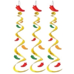 Gold metallic whirls with green, orange and red chilis attached.