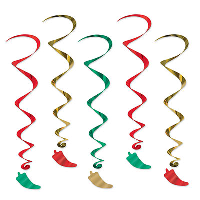 Gold, green, and red metallic whirls with chili peppers attached at the bottom.