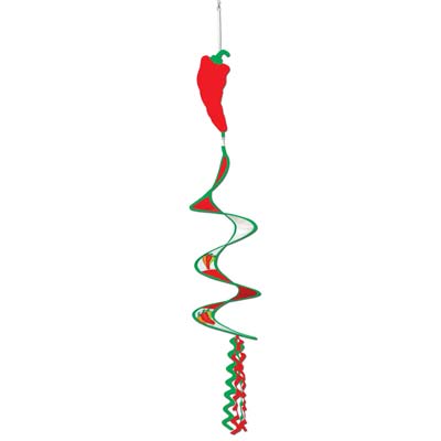 Red and green whirl with a chili at the top and spiraled tassel at the bottom.