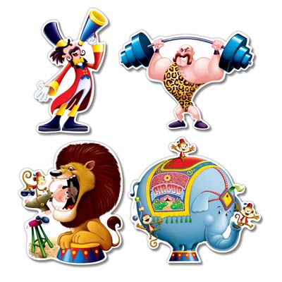 Circus Cutouts with words strongest man, the ring leader, lion and elephant with a cartoon look.