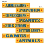 Circus Sign Cutouts with a yellow background and writing in blue of Animals, Games, Cotton Candy and more.