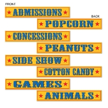 Circus Sign Cutouts with a yellow background and writing in blue of Animals, Games, Cotton Candy and more.