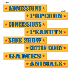 Circus Sign Cutouts with a yellow background and writing in blue of Animals, Games, Cotton Candy and more.