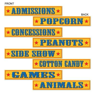 Circus Sign Cutouts with a yellow background and writing in blue of Animals, Games, Cotton Candy and more.