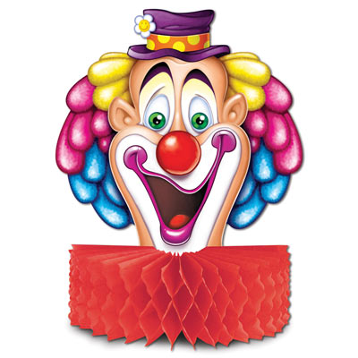 Printed card stock centerpiece to replicate a clown with a tissue honeycomb base.
