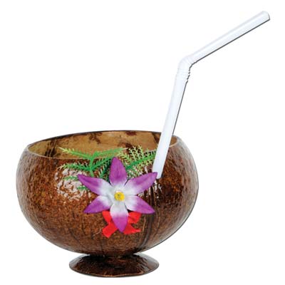 Coconut cup with silk flowers and a white straw.