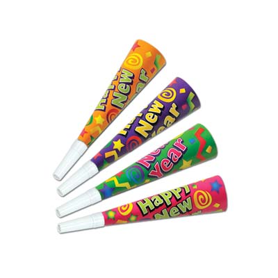 New Years Eve party horns printed with bright colors and confetti like designs. 