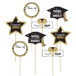 Congrats Grad Centerpiece Sticks (Pack of 96) graduation centerpiece sticks, congrats grad décor, class of decorations, grad table centerpieces, black gold white graduation décor, double sided grad sticks, Party Express graduation supplies