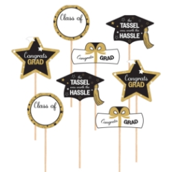 Congrats Grad Centerpiece Sticks (Pack of 96) graduation centerpiece sticks, congrats grad décor, class of decorations, grad table centerpieces, black gold white graduation décor, double sided grad sticks, Party Express graduation supplies