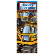 Contruction Happy Birthday Door Cover (Pack of 12) construction birthday door cover, construction truck birthday décor, happy birthday door banner, party zone backhoe, gift truck dump truck, all-weather door cover, kids construction party decorations, Party Express construction supplies