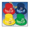 Blue, green, red and yellow toppers with the words "Happy New Year" printed in white on the front and a band printed of confetti with this year.