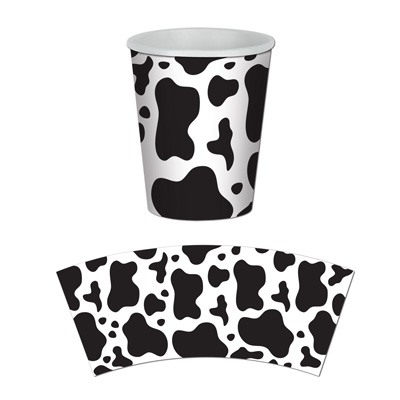Paper cups printed with cow prints.
