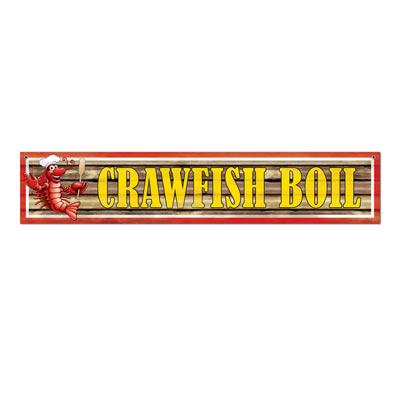 This banner shouts "Crawfish Boil" with a crawfish on the left with cooking supplies.