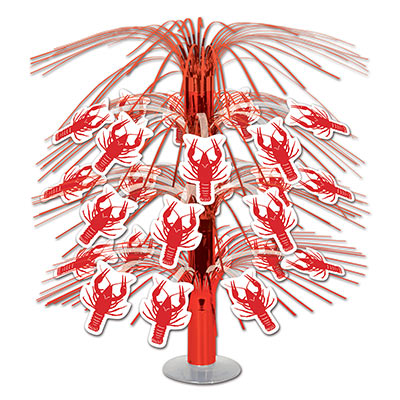 Crawfish Cascade Centerpiece with crawfish icons attached to red metallic material.