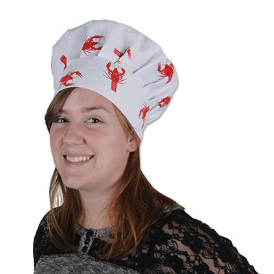 White oversized fabric chef's hat with printed red crawfish. 