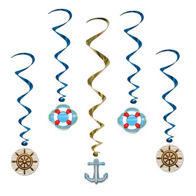 Gold and blue metallic whirls with cruise ship icons attached.