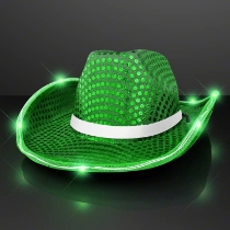 Custom Green Sequin Cowboy Hat with White Band (Pack of 24) green sequin cowboy hat, white band cowboy hat, LED cowboy hat, light up cowboy hat, green party hat, flashing cowboy hat, blinking cowboy hat, western party accessories, green cowboy hat pack, event favors cowboy hats