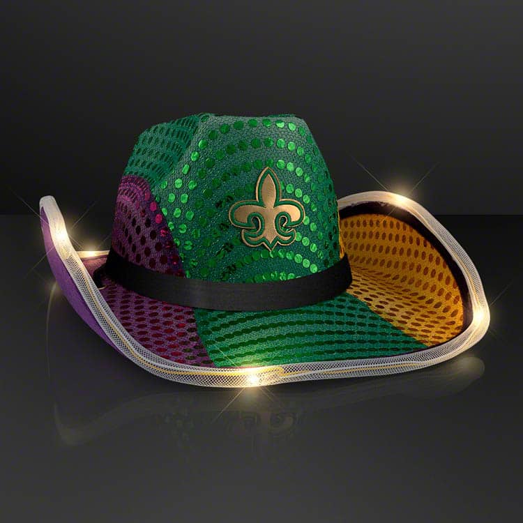 Custom Light Up Mardi Gras Cowboy Hat with Black Band (Pack of 24) Mardi Gras cowboy hat, light up Mardi Gras hat, LED cowboy hat, Mardi Gras party accessories, flashing cowboy hat, blinking cowboy hat, Mardi Gras parade hats, western Mardi Gras hat, party favors Mardi Gras
