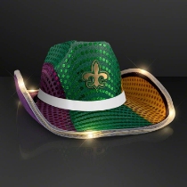 Custom Light Up Mardi Gras Cowboy Hat with White Band (Pack of 24) Mardi Gras cowboy hat, light up Mardi Gras hat, LED cowboy hat, Mardi Gras party accessories, white band cowboy hat, flashing cowboy hat, blinking cowboy hat, Mardi Gras parade hats, western Mardi Gras hat, party favors Mardi Gras