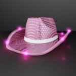 Custom Pink Sequin Cowboy Hat with White Band (Pack of 24) pink sequin cowboy hat, white band cowboy hat, LED cowboy hat, light up cowboy hat, pink party hat, flashing cowboy hat, blinking cowboy hat, western party accessories, pink cowboy hat pack, event favors cowboy hats