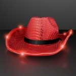 Custom Red Sequin Cowboy Hat with Black Band (Pack of 24) red sequin cowboy hat, LED cowboy hat, light up cowboy hat, red cowboy hat bulk, party cowboy hats, flashing cowboy hat, western party accessories, sequin cowboy hats pack of 24, glow party hats, event accessories