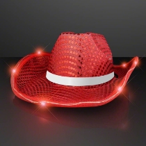 Custom Red Sequin Cowboy Hat with White Band (Pack of 24) red sequin cowboy hat, LED cowboy hat, light up cowboy hat, red cowboy hat white band, bulk cowboy hats, flashing cowboy hat, western party accessories, sequin cowboy hats pack of 24, glow party hats, event accessories