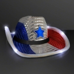 Custom Red White & Blue Cowboy Hat with Black Band (Pack of 24) red white blue cowboy hat, patriotic cowboy hat, LED cowboy hat, light up cowboy hat, sequin cowboy hat, bulk patriotic hats, flashing cowboy hat, Fourth of July accessories, western party hats, pack of 24 cowboy hats